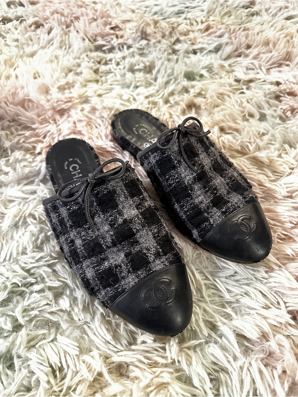 Chanel Wool Check Mules Size 38.5